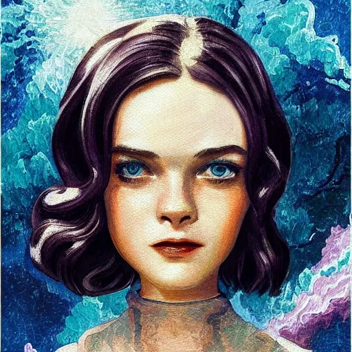 Prompt: professional painting of Elle Fanning in Bioshock Rapture the style of Henri-Edmond Cross, head and shoulders portrait, symmetrical facial features, smooth, sharp focus, illustration, intricate, stormy weather, extremely detailed masterpiece,