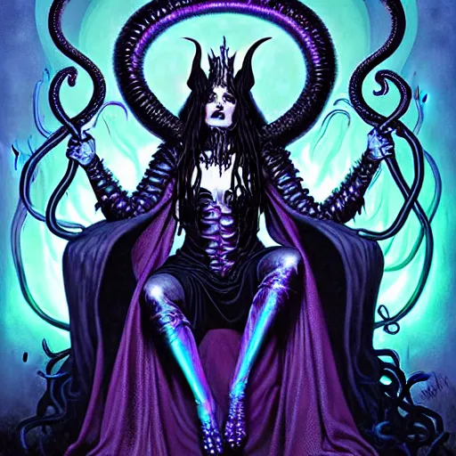 Prompt: witch queen on her throne, glowing iridescent flames and tentacles, black metal aesthetics, award winning digital art by brom