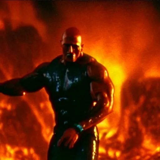 Image similar to film still of a cyborg dwayne johnson giving a thumbs - up while going inside a molten metal pool in terminator 2 1 9 9 1, epic, volumetric lighting, hd, 8 k