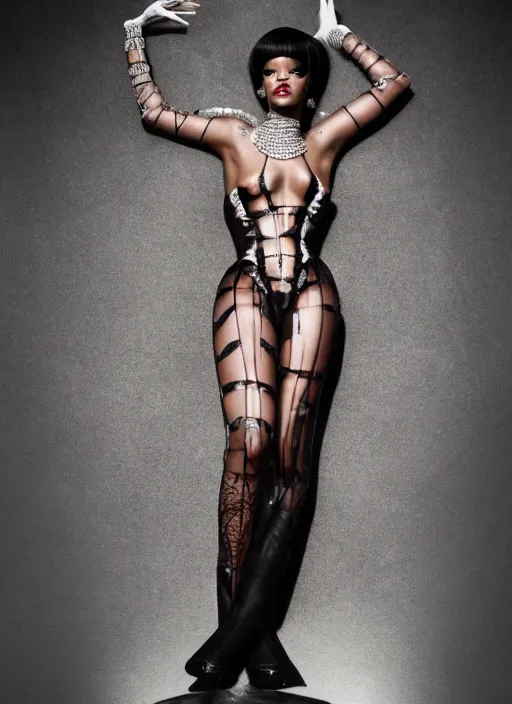 Prompt: a portrait of rihanna by gilles berquet, serge lutens, wearing atsuko kudo latex outfit, photorealistic, intricate details, hyper realistic, ', photorealistic, canon r 3, photography, symmetrical features, symmetrical pose, wide angle shot, head to toe, standing pose, feet on the ground,