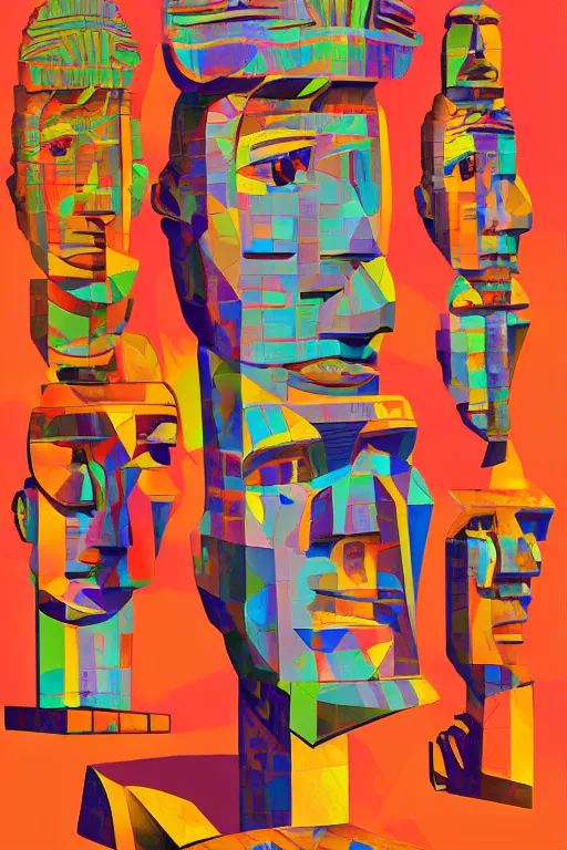 Image similar to cubist moai statue cutout digital illustration cartoon colorful beeple