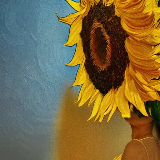 Image similar to closeup, giant sunflower head, woman standing in a room, surreal, dramatic light, impressionist painting, digital painting, artstation, van gogh