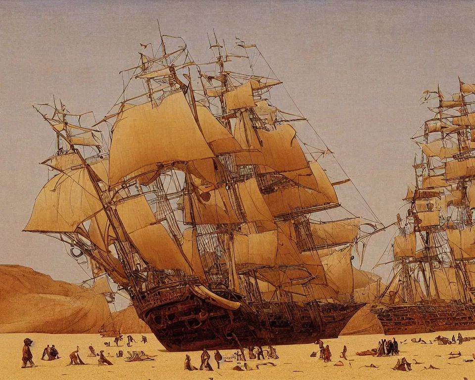 Prompt: a massive pirate ship sailing on the sands of the Sahara desert, heading towards an oasis. intricate, vibrant, blowing sands, Raphael, Hasui Kwase, Rene Margritte, John Martin.