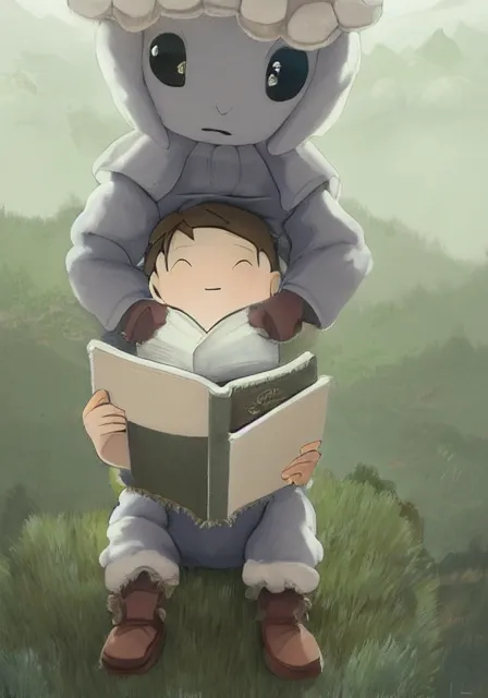 Image similar to beautiful little boy wearing sheep suit reading a book while sitting on chair, gray, blue, green and brown pallet color. made in abyss art style, inspired in kris from deltarrune, cute detailed artwork, anatomically correct, soft details, ilya kuvshinov, reflection, perfect composition, mobile wallpaper, low lighting