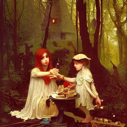 Image similar to an eerie, realistic illustration of a full-sized witch\'s gingerbread house covered in candy in the middle of dark and twisted woods, being visited by a poor waif brother and sister eating the candy, by Bouguereau, John William Waterhouse and Thomas Kincade