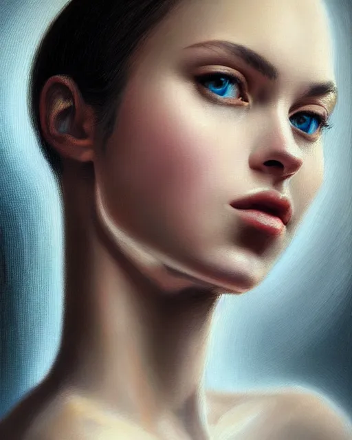 Image similar to portrait of a beautiful woman, enigmatic beauty, head in focus, intricate, elegant, highly detailed, hyperrealistic painting, concept art, painterly, sharp focus, art by ive freya
