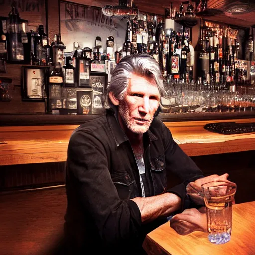 Image similar to roger waters drinks jack daniels whiskey in a old 8 0 s chicago bar, realistic, hdr, clear image, hdd, dynamic lighting,