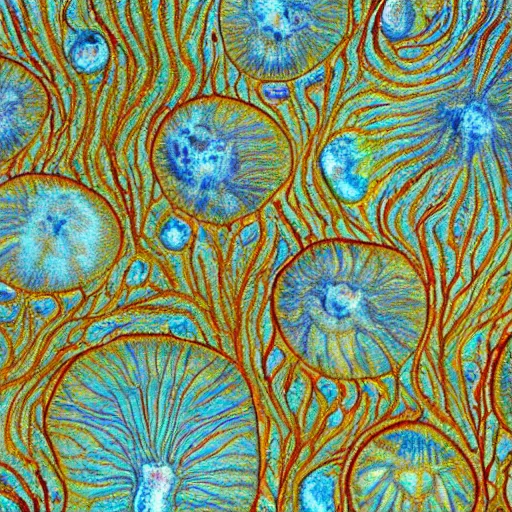 Image similar to beautiful and artistic mycelium on a fantastic planet and unusual inhabitants of the oceans, highly detailed, Pattern with optical illusion