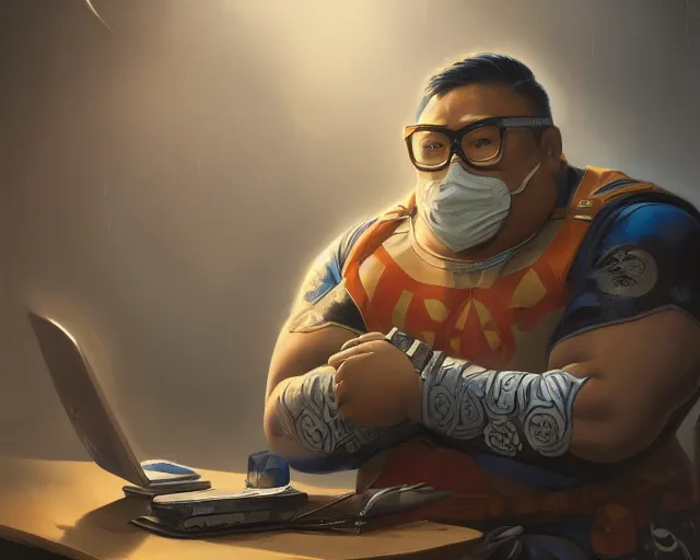 Image similar to an insanely detailed painting of a slightly chubby, nerdy asian man wearing a superhero costume and mask, sitting at a desk, staring at the nervously at the computer and typing, in the style of peter mohrbacher, dramatic lighting and composition, octane render, trending on artstation, concept art, comic book, view from behind