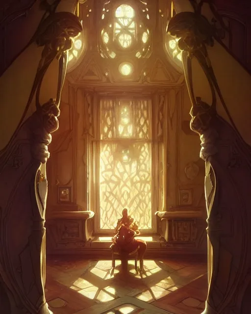 Image similar to a normal room with a subtle optical illusion , deep focus, D&D, fantasy, intricate, elegant, highly detailed, digital painting, artstation, concept art, matte, sharp focus, illustration, hearthstone, art by Artgerm and Greg Rutkowski and Alphonse Mucha