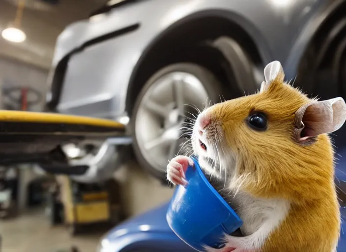 Image similar to film still of a hamster working as a mechanic in an auto shop, 8 k