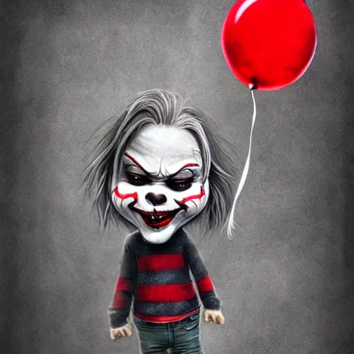 Image similar to grunge cartoon portrait sketch of a cold hand with a wide smile and a red balloon by - michal karcz, loony toons style, pennywise style, chucky style, horror theme, detailed, elegant, intricate