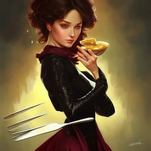 Image similar to very cute Miranda Kirr eating fork covered in honey wearing black-crimson silk dress, D&D, fantasy, intricate, elegant, highly detailed, digital painting, artstation, concept art, matte, sharp focus, illustration, hearthstone, art by Artgerm and Greg Rutkowski and Alphonse Mucha