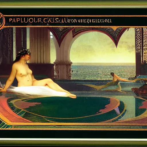 Image similar to Floating palace, moon reflecting on the water, thunderstorm, greek pool, beach and Tropical vegetation on the background major arcana sky, by paul delaroche, alphonse mucha and arnold böcklin, hyperrealistic 8k, award-winning, very very very detailed