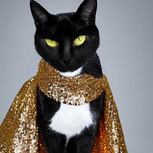 Prompt: a photo of a cat wearing a sequined cape, hyperrealistic, textured, animal portrait, f 2. 8