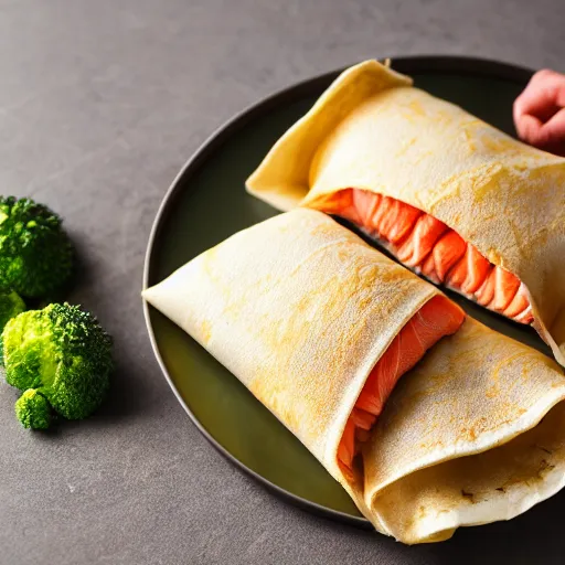 Prompt: fluffy crepes filled with freshly - caught salmon and fresh broccoli, 8 k resolution, food photography, studio lighting, sharp focus, hyper - detailed