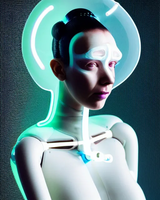 Image similar to symmetrical portrait of a biomechanical cyborg wearing a silicone swarovski studded iridescent beauty mask and neon hair buns, wearing a black bodysuit by alexander mcqueen, cream white background, soft diffused light, biotechnology, humanoid robot, bjork aesthetic, translucent, by rineke dijkstra, intricate details, highly detailed, masterpiece,