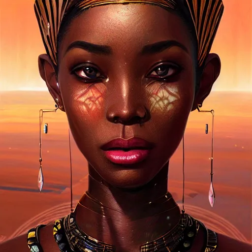 Image similar to highly detailed portrait of an african egyptian goddess, intricate alien technology, stephen bliss, unreal engine, fantasy art by greg rutkowski, loish, rhads, ferdinand knab, makoto shinkai and lois van baarle, ilya kuvshinov, rossdraws, tom bagshaw, global illumination, radiant light, detailed and intricate environment