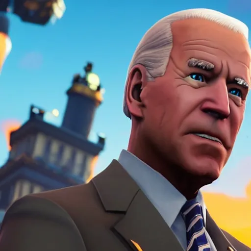 Prompt: A screenshot of Joe Biden in Fortnite, 3D, Unreal Engine, 4K UHD, RTX, DLSS,