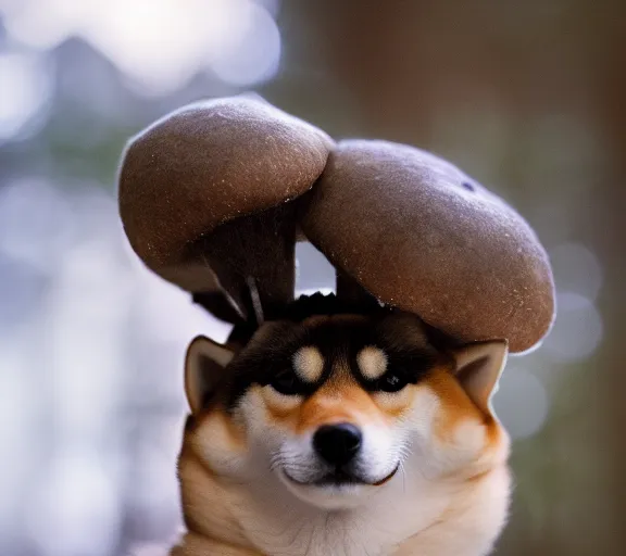 Image similar to a portrait of shiba inu with a mushroom cap growing on its head by luis royo. intricate. lifelike. soft light. sony a 7 r iv 5 5 mm. cinematic post - processing