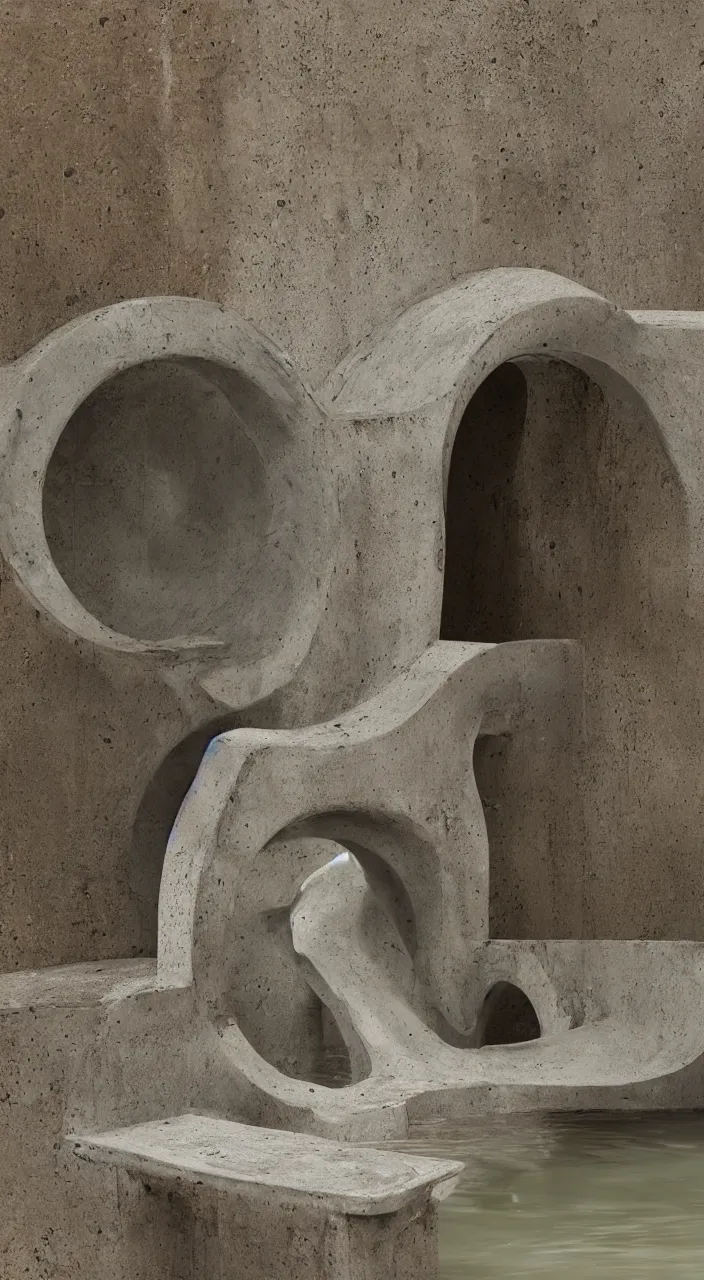 Prompt: a stream of water entering into a machine made from biomorphic amphoras and producing a liquid coin, in the style of a carlo scarpa fountain, architectural photograph, isometric, infrastructure, kidneys, clay texture, 8 k