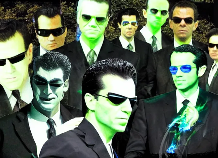 Image similar to tommy tallarico dressed as agent smith from the matrix surrounded by multiple versions of himself with green tint matrix filter