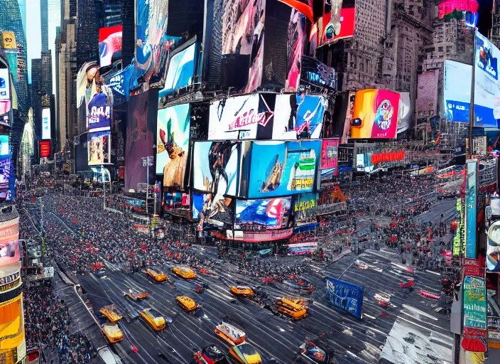 Prompt: a mega - tsunami in times square causing massive destruction, birds eye photograph, 8 k resolution, sharp focus, wide angle, hyper - detailed, 8 5 mm photograph