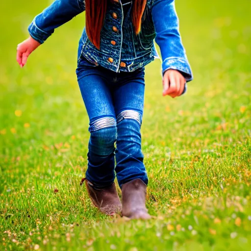 Image similar to a young spanish girl plays on a great green meadow, she wears a jacket, jeans and boots, she has two ponytails, photo taken by a nikon, highly detailed, sharp focus