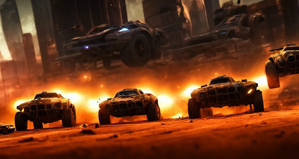 Prompt: macro closeup photo of halo warthogs being chased in a post apocalyptic city, night, smoke, dust, embers, mad max, action, speed, rocket league, volumetric lighting, hdr, need for speed, gta 5, ridley scott, syd mead, craig mullins, cinematic, octane