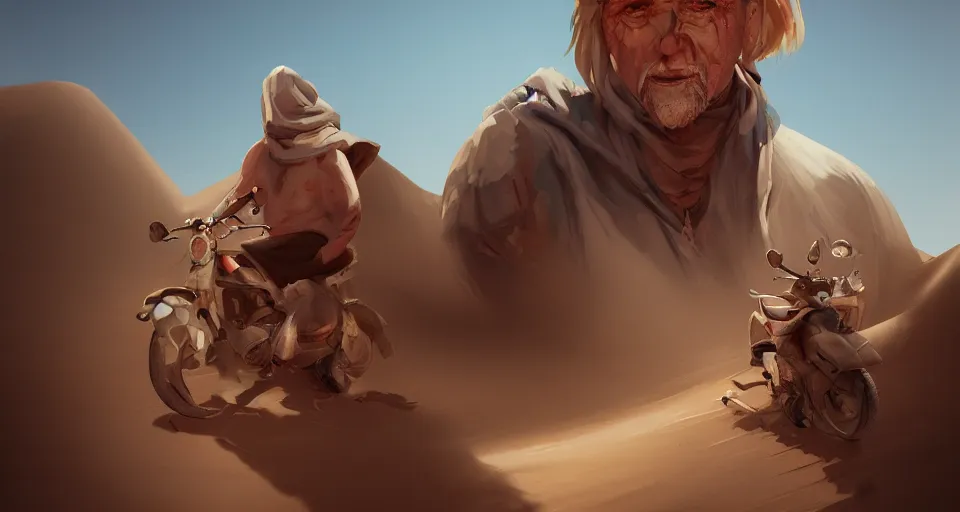 Prompt: man who sells me canteens warns me of the desert, artstation, cgsociety