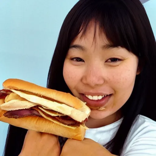 Image similar to “ asian girl eating a subway footlong bacon sub sandwich ”