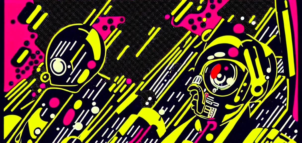 Image similar to ⚠ 👽 💉 ☠ 💢 😱 futuristic japanese cyberpunk by roy lichtenstein, by andy warhol, ben - day dots, pop art, bladerunner, pixiv contest winner, cyberpunk style, cyberpunk color scheme, mechanical, high resolution, hd, intricate detail, fine detail, 8 k