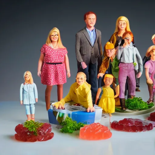 Image similar to photo of several realistic miniature humans with various occupations, they are all living inside a 1970s jellied salad. You can see the people through the jelly. Studio lighting, backlit.