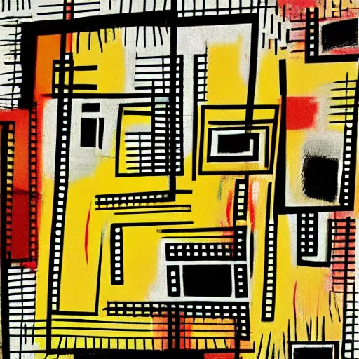 Image similar to Abstract grid, bauhaus style, Basquiat vibe, artstation, madmax, brush texture, painted with oil