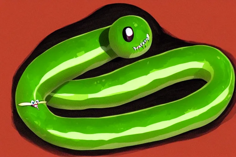 Image similar to Long Green Sausage with eyes and fangs, fine details, concept art