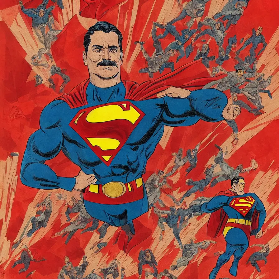 Image similar to epic comic book cover of stalin as superman floating over the red square ( moscow ), soviet propaganda poster, socialist realism, aesthetically pleasing, finely detailed facial features, photorealistic, intricate digital art, trending artstation, artgem, rich moody colors, fan art, concept art, in the style of the red son and invincible