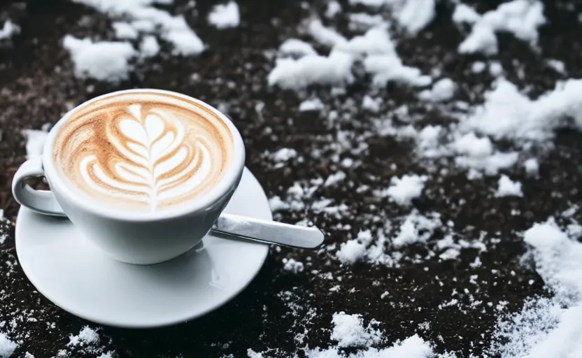 Prompt: a latte, in snow, product photography