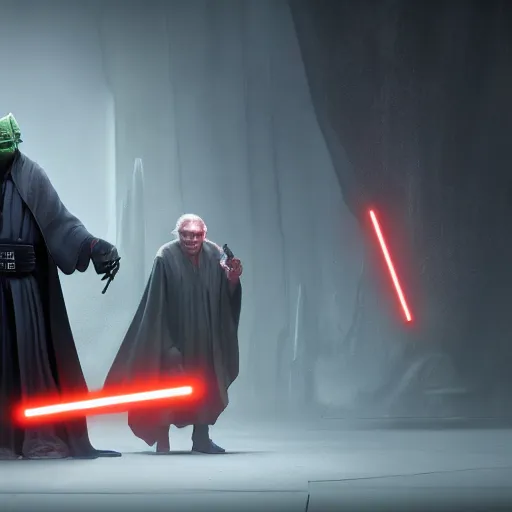 Image similar to darth sidious teaches master yoda the dark side of the force, 8 k uhd, unreal engine, octane render in the artstyle of finnian macmanus, john park and greg rutkowski