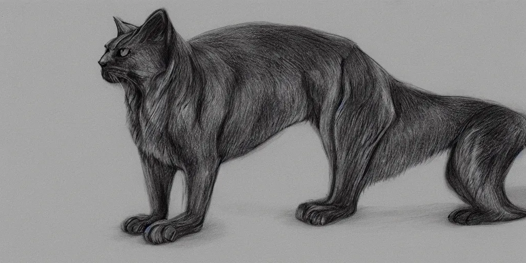 Image similar to full body shot of a large canine with the tail and ears of a cat, pencil drawing, illustration, black and white, artstation