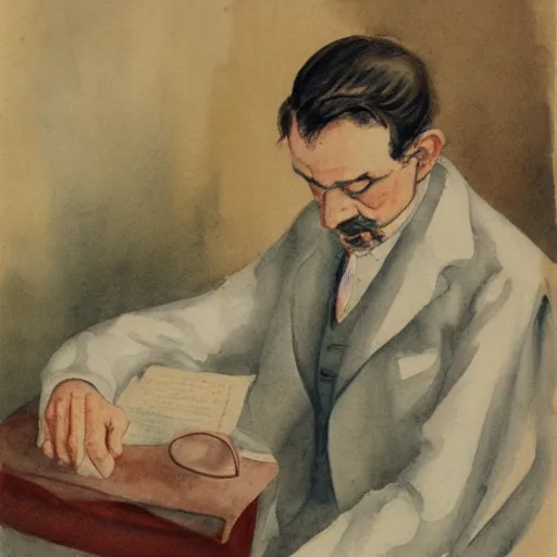 Image similar to Weary doctor. Watercolor. 1930s.