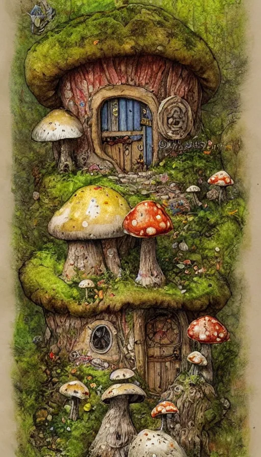 Prompt: extra beautiful colorful whimsical storybook style full page antique ornate lithograph of moss, fungus, mushroom and flower covered knome hobbit giant mushroom cozy home with door and windows by Jean-Baptiste Monge, post processing, painterly, book illustration watercolor granular splatter dripping paper texture. Trending on artstation, post processing, pen and ink work. sharp focus.