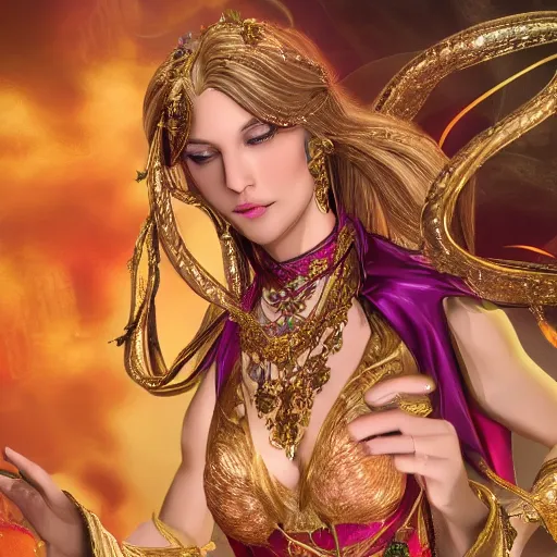 Image similar to a beautiful female fantasy wizard dressed in ornate robes wearing sparkling gold jewelry, 4 k, detailed