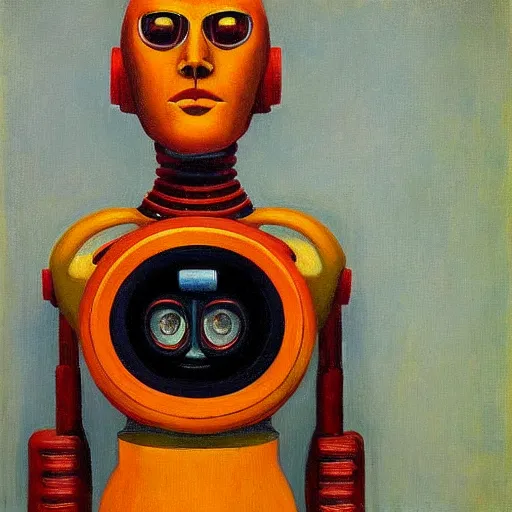 Image similar to intricate and refined, super - intelligent robot with kind eyes portrait, grant wood, pj crook, edward hopper, oil on canvas