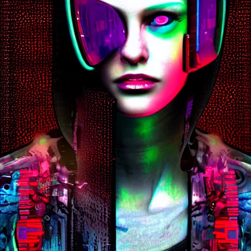 Prompt: close-up of a cyberpunk woman in the style of glitch art