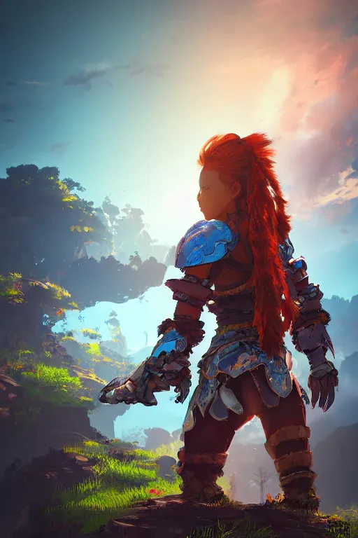 Image similar to combination suit armor aloy horizon forbidden west horizon zero dawn radiating a glowing aura global illumination ray tracing hdr fanart arstation by ian pesty and alena aenami artworks in 4 k tribal robot ninja mask helmet backpack