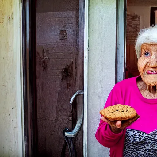 Prompt: Fisheye photo front door old woman selling cookies