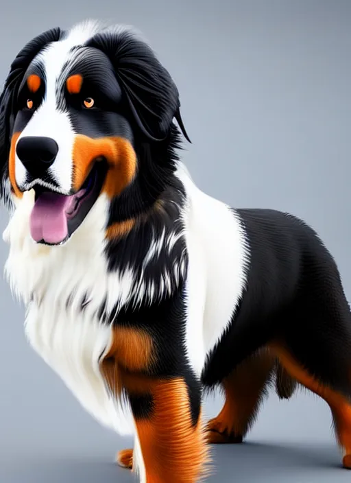 Prompt: photo of a bernese mountain dog wearing a lab coat, highly detailed, sharp focus, octane render