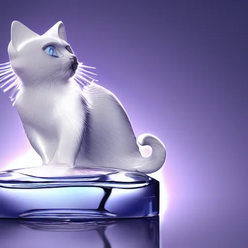 Prompt: An elegantly designed perfume bottle, in the form of a cat, half filled with liquid, very detailed, high refraction, soft blue volumetric lighting, DoF narrow, octane render UHD, made by René Lalique