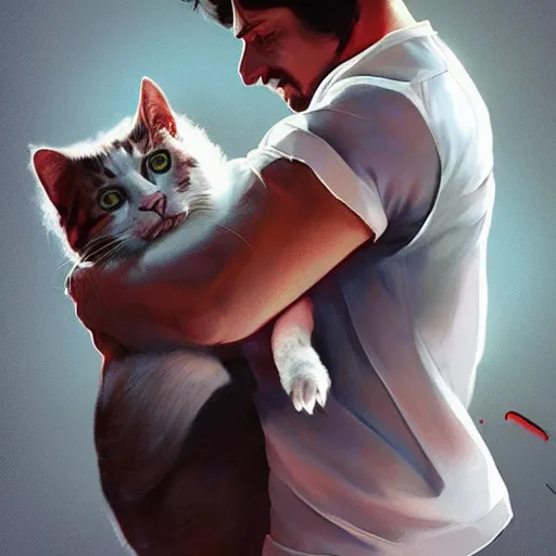 Prompt: picture of a man with a white shirt and a red chainsaw for a head lifting up a cat with both arms, full body, highly detailed, digital painting, artstation, sharp focus, illustration, art by artgerm and irakli nadar and greg rutkowski - cfg _ scale 9. 5 - n 9