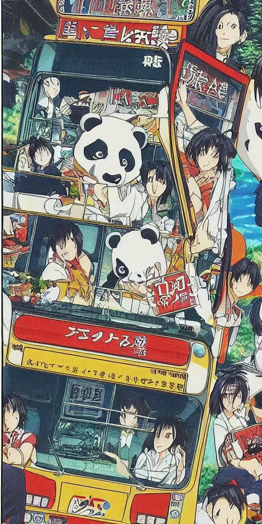 Image similar to a panda express bus in japan, 1990s anime, full color, tarot card the chariot, highly detailed